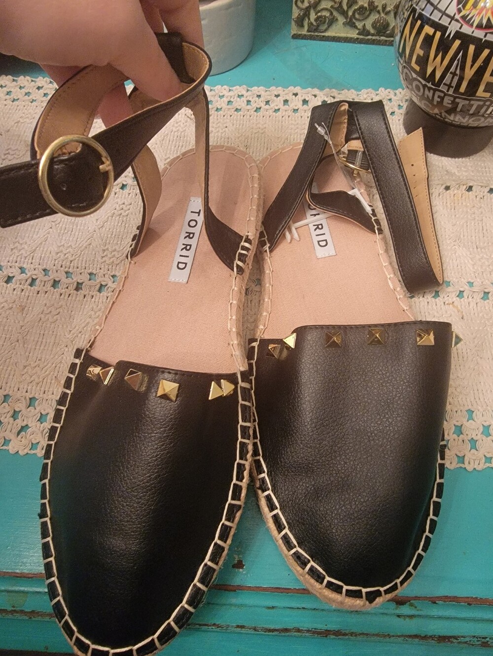 Torrid Black Studded Espadrille Flats with Ankle Strap 9.5